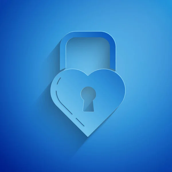 Το χαρτί έκοψε το κάστρο σε σχήμα καρδιακού εικονιδίου απομονωμένο σε μπλε φόντο. Κλειδωμένη καρδιά. Σύμβολο αγάπης και πινακίδα με κλειδαρότρυπα. Καλλιτεχνικό στυλ. Απεικόνιση διανυσματικών φορέων — Διανυσματικό Αρχείο
