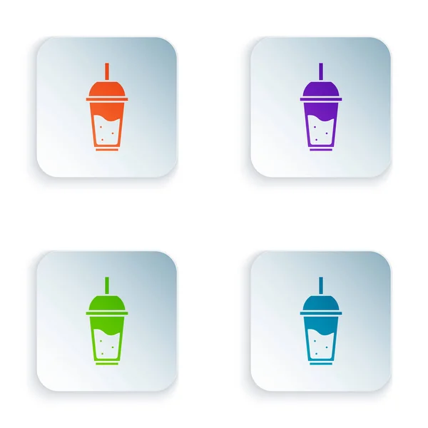 Color Cristal de limonada con icono de paja para beber aislado sobre fondo blanco. Establecer iconos en botones cuadrados de colores. Ilustración vectorial — Archivo Imágenes Vectoriales