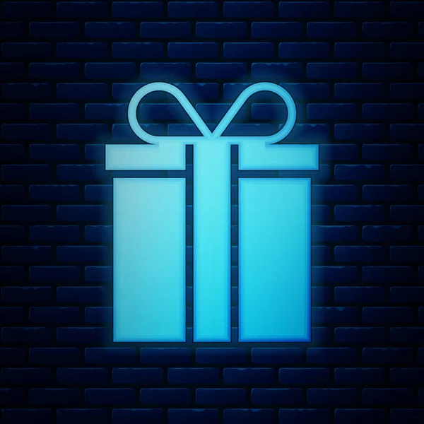 Glowing neon Gift box icon isolated on brick wall background. Vector Illustration — Stock Vector