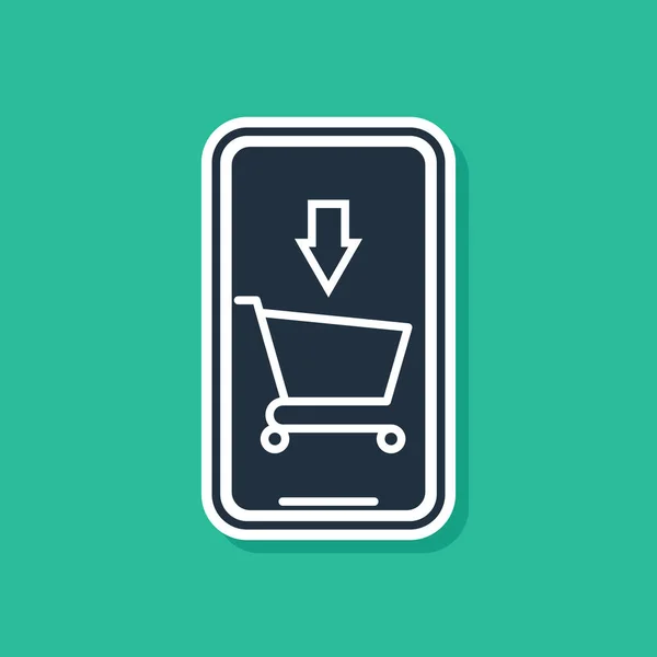 Modrá mobilní telefon a nákupní košík ikona izolované na zeleném pozadí. Online nákupní symbol. Symbol koše v supermarketu. Vektorová ilustrace — Stockový vektor