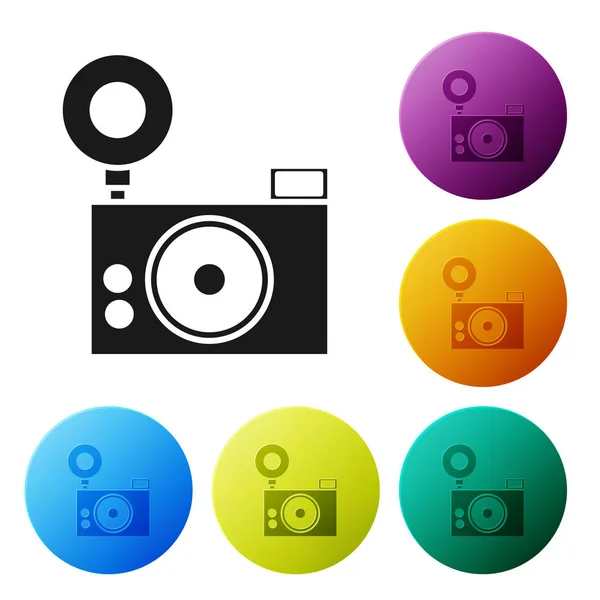 Schwarzes Icon der Fotokamera isoliert auf weißem Hintergrund. Foto-Kamera-Ikone. setzen Symbole bunte Kreis-Tasten. Vektorillustration — Stockvektor
