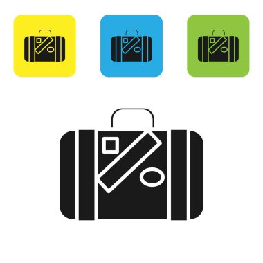 Siyah bavul seyahat ve çıkartmalar simgesi beyaz arka planda izole. Seyahat Bagaj işareti. Seyahat Bagaj simgesi. Set simgeleri renkli kare düğmeler. Vektör Illustration