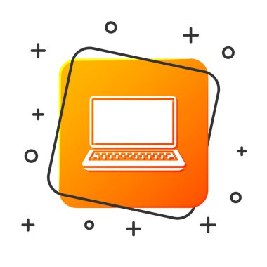 Beyaz dizüstü simge beyaz arka planda yalıtılmış. Boş ekran tabelası olan bilgisayar Defter. Turuncu kare düğmesi. Vektör Illustration