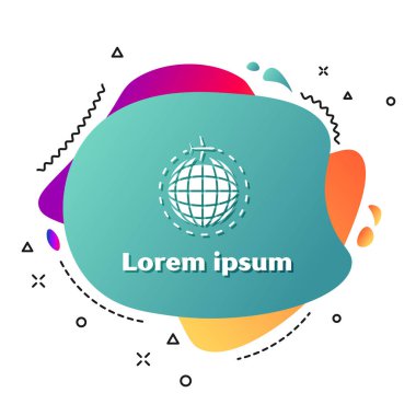 Beyaz arka planda izole uçan uçak simgesi ile Beyaz Küre. Uçak dünya gezegeninin etrafında uçar. Uçak dünya simgesi. Sıvı şekilli soyut afiş. Vektör İllüstrasyonu