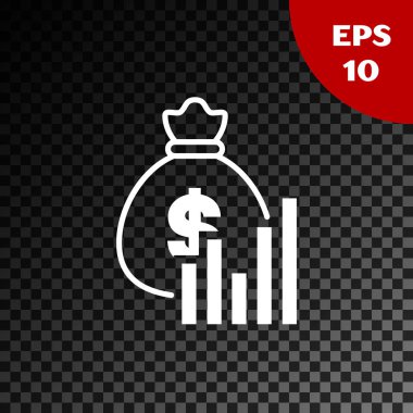 Beyaz para çantası ve şeffaf koyu arka planda izole diyagram grafik simgesi. Finansal analitik, bütçe planlaması, finans yönetimi. Vektör Illustration