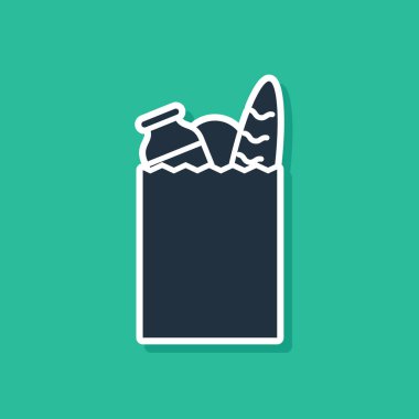 Mavi Kağıt alışveriş çantası ve yeşil arka planda izole gıda simgesi. Yemek Dükkanı, süpermarket. Vektör Illustration