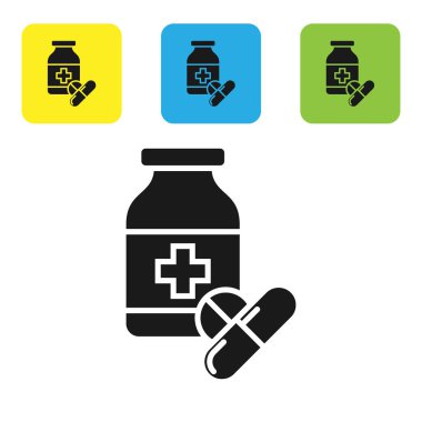 Siyah tıp şişe ve hap simgesi beyaz arka planda izole. Şişe hap işareti. Eczane tasarımı. Set simgeleri renkli kare düğmeler. Vektör Illustration