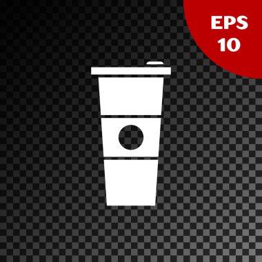 Beyaz kağıt cam ve su simgesi şeffaf koyu arka planda izole. Soda içecek bardağı. Taze soğuk içecek sembolü. Vektör Illustration