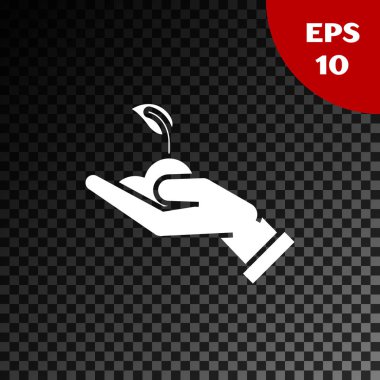 Beyaz Sprout el çevre koruma simgesi şeffaf koyu arka planda izole. Tohum ve fide. Fidan dikmek. Ekoloji konsepti. Vektör Illustration