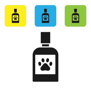 Siyah köpek tıp şişe simgesi beyaz arka planda izole. Hap ile konteyner. Hayvan için reçete ilacı. Set simgeleri renkli kare düğmeler. Vektör Illustration