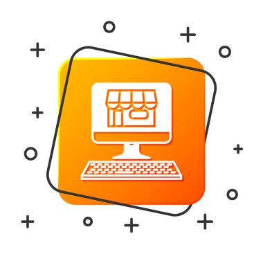 Beyaz alışveriş binasında beyaz arka planda yalıtılmış ekran bilgisayar simgesi. Konsept e-ticaret, e-iş, online iş pazarlama. Turuncu kare düğmesi. Vektör Illustration