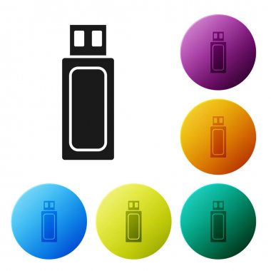 Siyah USB flash sürücü simgesi beyaz arka planda yalıtılmış. Simgeler renkli daire düğmelerini ayarlayın. Vektör Illustration