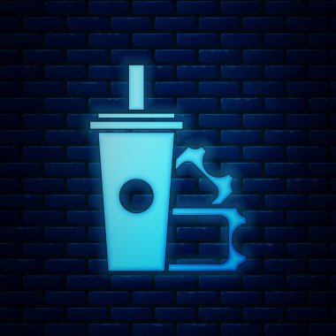 Parlayan Neon Amerikan futbol bilet ve kağıt cam soda ile içme saman simgesi tuğla duvar arka planda izole. Vektör Illustration