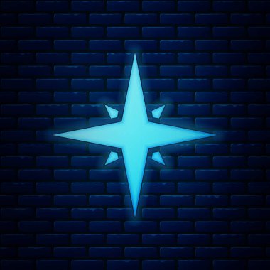 Parlayan neon rengi gül ikonu tuğla duvar arkasında izole edilmiş. Seyahat için pusula simgesi. Navigasyon tasarımı. Vektör İllüstrasyonu