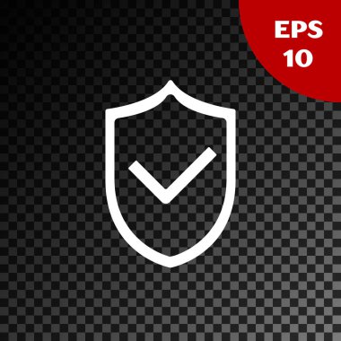 Beyaz kalkan, şeffaf koyu arka planda izole edilen onay işareti simgesiyle. Koruma sembolü. Güvenlik denetimi simgesi. Onay işareti onaylı simgesi. Vektör Illustration