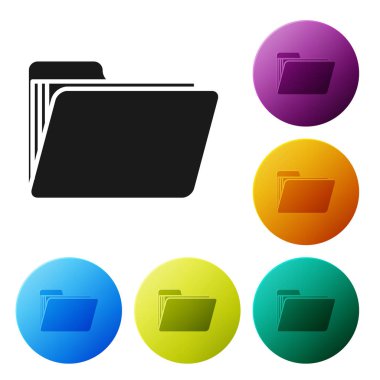 Siyah belge klasör simgesi beyaz arka planda yalıtılmış. Muhasebe bağlayıcı sembolü. Defter tutma yönetimi. Simgeler renkli daire düğmelerini ayarlayın. Vektör Illustration