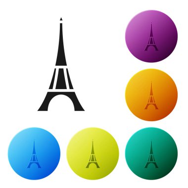 Siyah Eyfel Kulesi simgesi beyaz arka planda izole. Fransa Paris simge sembolü. Simgeler renkli daire düğmelerini ayarlayın. Vektör Illustration