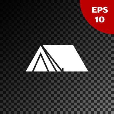 Beyaz turist çadır simgesi şeffaf koyu arka planda izole. Kamp sembolü. Vektör Illustration