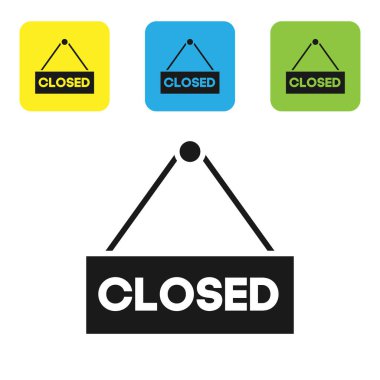 Siyah asılı işareti metin beyaz arka planda yalıtılmış kapalı simgesi. Kafe veya restoran için iş teması. Set simgeleri renkli kare düğmeler. Vektör Illustration