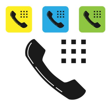Siyah telefon ahize simgesi beyaz arka planda yalıtılmış. Telefon tabelası. Set simgeleri renkli kare düğmeler. Vektör Illustration
