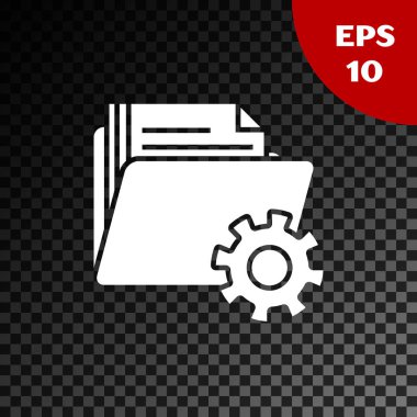 Beyaz klasör ayarları dişli simgesi şeffaf koyu arka planda izole. Yazılım güncellemesi, Transfer Protokolü, takım çalışması aracı yönetimi. Vektör Illustration