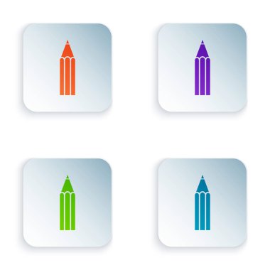 Beyaz arka planda izole renkli kalem simgesi. Eğitim işareti. Çizim ve eğitim araçları. Okul ofisi sembolü. Renkli kare düğmeleri simgeleri ayarlayın. Vektör Illustration