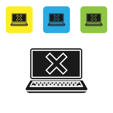 Siyah Laptop ve çapraz işareti ekran simgesi beyaz arka planda izole. Hata penceresi, çıkış düğmesi, iptal, 404 hata sayfası kavramı bulunamadı. Set simgeleri renkli kare düğmeler. Vektör Illustration