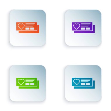 Beyaz arka planda izole kalp simgesi ile renk bileti. Kalp ile biniş kartı. Renkli kare düğmeleri simgeleri ayarlayın. Vektör Illustration