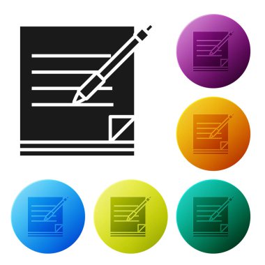 Siyah boş dizüstü ve kalem simgesi beyaz arka planda yalıtılmış. Kağıt ve kalem. Simgeler renkli daire düğmelerini ayarlayın. Vektör Illustration