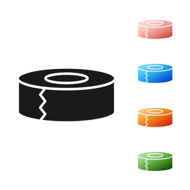 Beyaz arka planda izole siyah Scotch simgesi. İş ve onarım için yapışkan bant rulo. Yapışkan ambalaj bandı. Ofis aracı ve şeyler. Simgeler renkli ayarlayın. Vektör Illustration