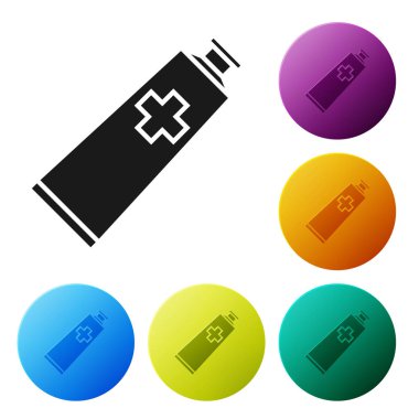 Siyah merhem krem tüp tıp simgesi beyaz arka planda izole. Tüp, konteyner, diş macunu, krem işareti. Simgeler renkli daire düğmelerini ayarlayın. Vektör Illustration