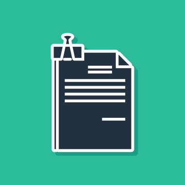 Mavi dosya belge ve bağlayıcı klip simgesi yeşil arka planda yalıtılmış. Kontrol listesi simgesi. İş konsepti. Vektör Illustration