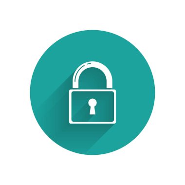 Beyaz Kilit simgesi uzun gölgeyle izole edildi. Asma kilit işareti. Güvenlik, güvenlik, koruma, gizlilik kavramı. Yeşil daire düğmesi. Vektör İllüstrasyonu