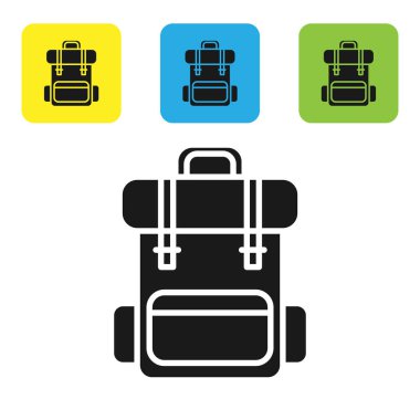 Siyah yürüyüş sırt çantası simgesi beyaz arka planda izole. Kamp ve dağ keşfetmek sırt çantası. Set simgeleri renkli kare düğmeler. Vektör Illustration