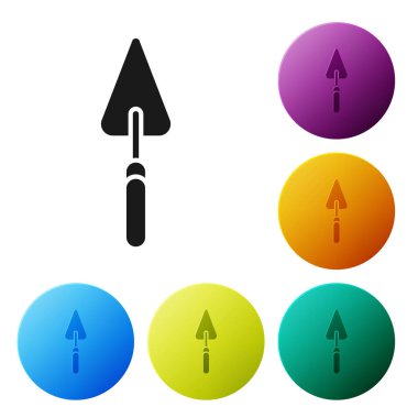 Siyah Bahçe mala Spade veya kürek simgesi beyaz arka planda izole. Bahçe aracı. Bahçecilik, tarım, Tarım için araç. Simgeler renkli daire düğmelerini ayarlayın. Vektör Illustration