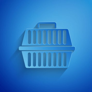 Kağıt kesme Pet taşıma Case simgesi mavi arka planda izole. Hayvanlar, köpek ve kedi için taşıyıcı. Hayvanlar için konteyner. Hayvan taşıma kutusu. Kağıt sanatı tarzı. Vektör Illustration