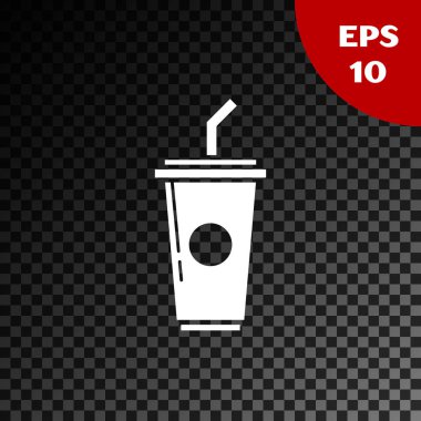 Beyaz kağıt cam içme saman ve su simgesi şeffaf koyu arka planda izole. Soda içecek bardağı. Taze soğuk içecek sembolü. Vektör Illustration