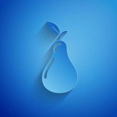 Kağıt kesme armut simgesi mavi arka planda izole. Yaprak sembollü meyve. Kağıt sanatı tarzı. Vektör Illustration