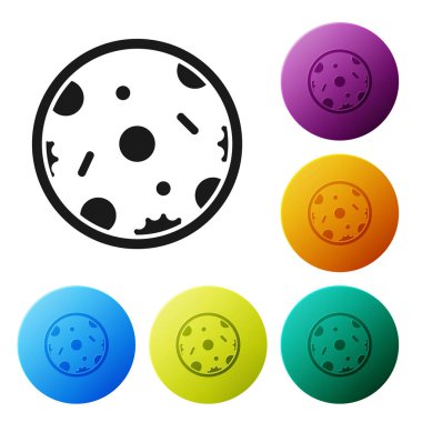 Siyah pizza simgesi beyaz arka planda izole. Fast Food menüsü. Simgeler renkli daire düğmelerini ayarlayın. Vektör Illustration