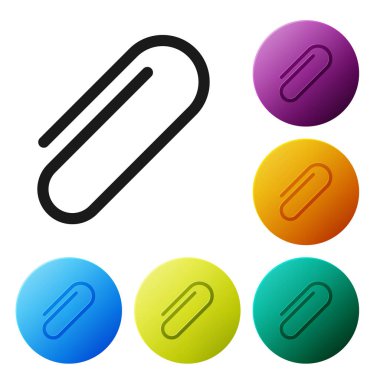 Siyah kağıt klip simgesi beyaz arka planda yalıtılmış. Simgeler renkli daire düğmelerini ayarlayın. Vektör Illustration