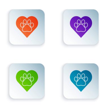 Renk kalp hayvan ayak izi simgesi beyaz arka planda izole. Kalp hayvan pençe. Hayvanlarla aşk. Renkli kare düğmeleri simgeleri ayarlayın. Vektör Illustration