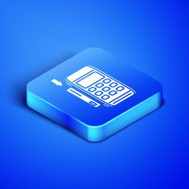 Takılı kredi kartı simgesi olan izometrik POS terminali mavi arka planda yalıtılmış. Ödeme terminali hareketi. Kart ile öde. Mavi kare düğmesi. Vektör Illustration