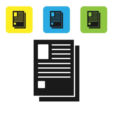 Siyah dosya belge simgesi beyaz arka planda yalıtılmış. Kontrol listesi simgesi. İş konsepti. Set simgeleri renkli kare düğmeler. Vektör Illustration