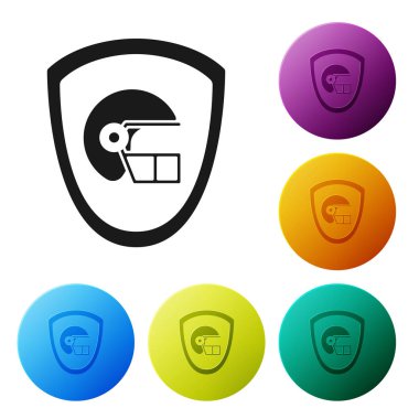 Siyah Amerikan futbol kask ve kalkan simgesi beyaz arka planda izole. Simgeler renkli daire düğmelerini ayarlayın. Vektör Illustration