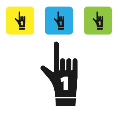 Siyah sayı 1 1 fan el eldiven parmak yükseltilmiş simgesi beyaz arka planda izole. Yarışmalarda takım desteğinin sembolü. Set simgeleri renkli kare düğmeler. Vektör Illustration