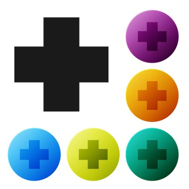 Siyah Cross hastane tıbbi simgesi beyaz arka planda izole. İlk yardım. Tanılama sembolü. İlaç ve eczane işareti. Simgeler renkli daire düğmelerini ayarlayın. Vektör Illustration