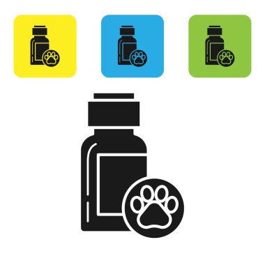 Siyah köpek tıp şişe simgesi beyaz arka planda izole. Hap ile konteyner. Hayvan için reçete ilacı. Set simgeleri renkli kare düğmeler. Vektör Illustration