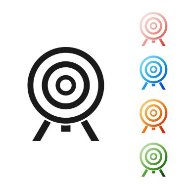 Siyah hedef simgesi beyaz arka planda yalıtılmış. Dart tahtası işareti. Okçuluk Panosu simgesi. Dartboard tabelası. İş hedefi kavramı. Simgeler renkli ayarlayın. Vektör Illustration