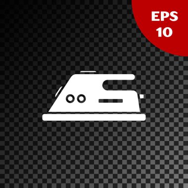 Beyaz elektrikli demir simgesi şeffaf koyu arka planda izole. Buharlı ütü. Vektör Illustration