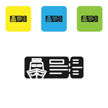 Beyaz arka planda izole gemi simgesi ile seyahat için siyah Cruise bilet. Cruise liner ile seyahat. Cennet gezileri. Set simgeleri renkli kare düğmeler. Vektör Illustration